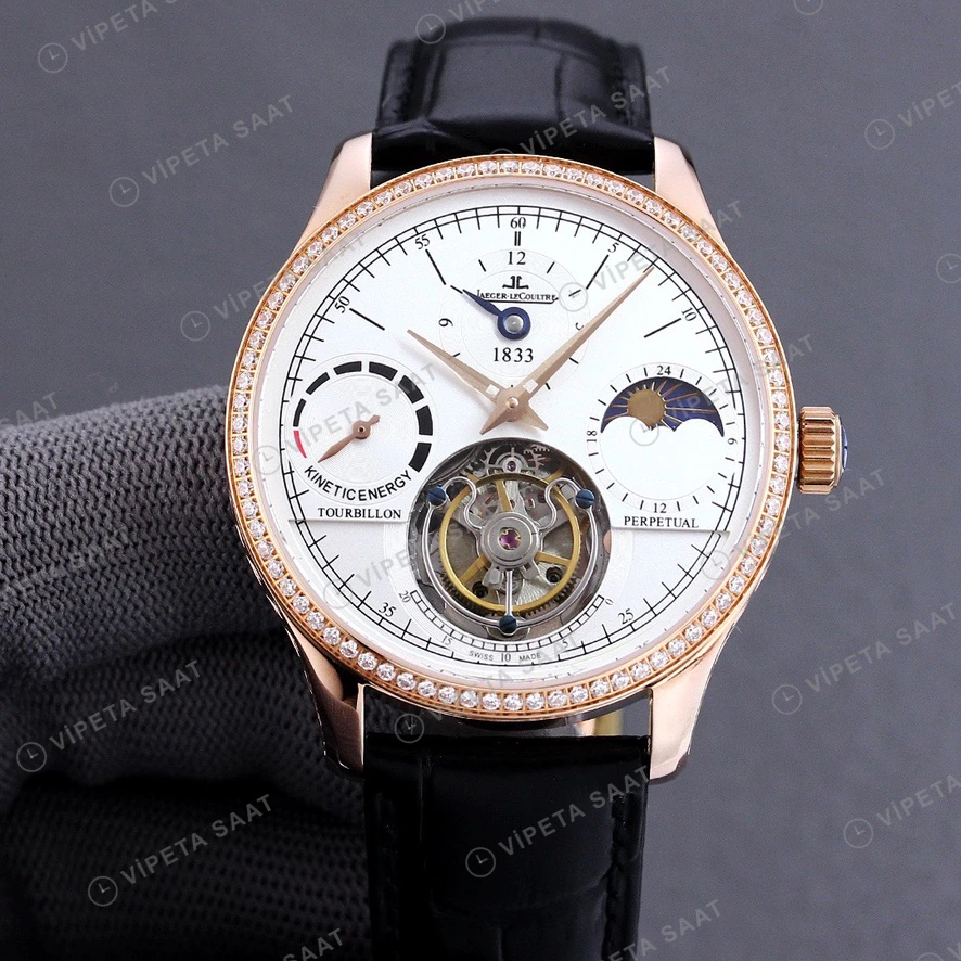 Jaeger-LeCoultre Master Tourbillon Beyaz Kadran Rose Kasa Elmas Bezel Siyah Deri Kordon Super Clone Eta Eta Saat detay 9