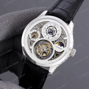Jaeger-LeCoultre Master Tourbillon Moonphase Iskelet Siyah Deri Kordon Super Clone Eta Eta Saat karşıdan görünüm