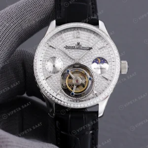 Jaeger-LeCoultre Master Tourbillon Moonphase Tas Kadran Celik Elmas Bezel Siyah Deri Kordon Super Clone Eta Eta Saat karşıdan görünüm