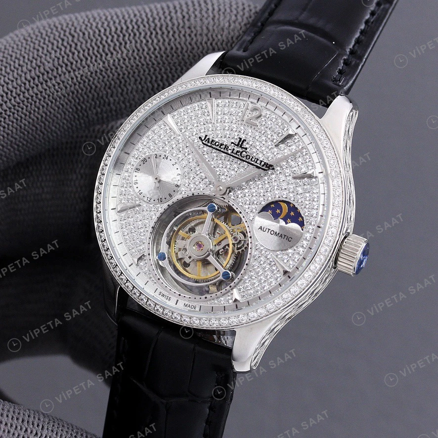 Jaeger-LeCoultre Master Tourbillon Moonphase Tas Kadran Celik Elmas Bezel Siyah Deri Kordon Super Clone Eta Eta Saat detay 3