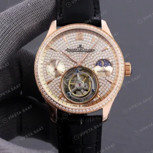 Jaeger-LeCoultre Master Tourbillon Moonphase Tas Kadran Rose Kasa Elmas Bezel Siyah Deri Kordon Super Clone Eta Eta Saat karşıdan görünüm