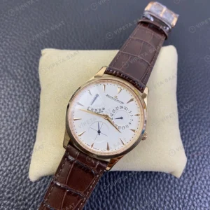 Jaeger-LeCoultre Master Ultra Thin Beyaz Kadran Rose Kasa Kahverengi Deri Kordon Super Clone Eta Eta Saat karşıdan görünüm