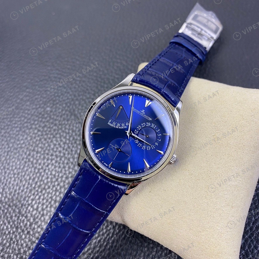 Jaeger-LeCoultre Master Ultra Thin Mavi Kadran Mavi Deri Kordon Super Clone Eta Saat görünüm 4