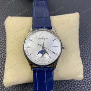 Jaeger-LeCoultre Master Ultra Thin Moon Gumus Kadran Mavi Deri Super Clone Eta Eta Saat karşıdan görünüm