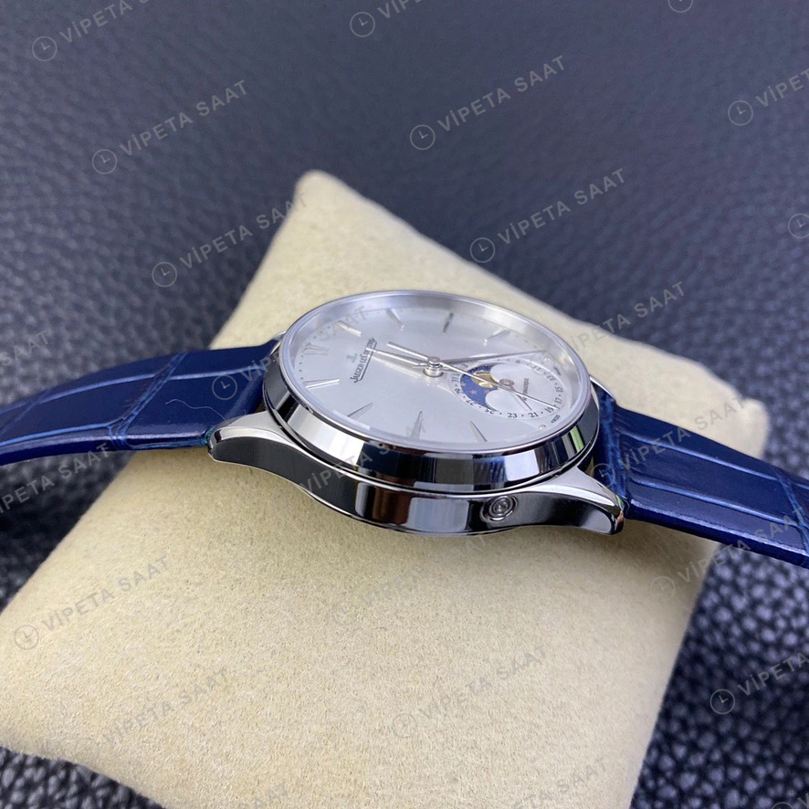 Jaeger-LeCoultre Master Ultra Thin Moon Gumus Kadran Mavi Deri Super Clone Eta Eta Saat detay 6