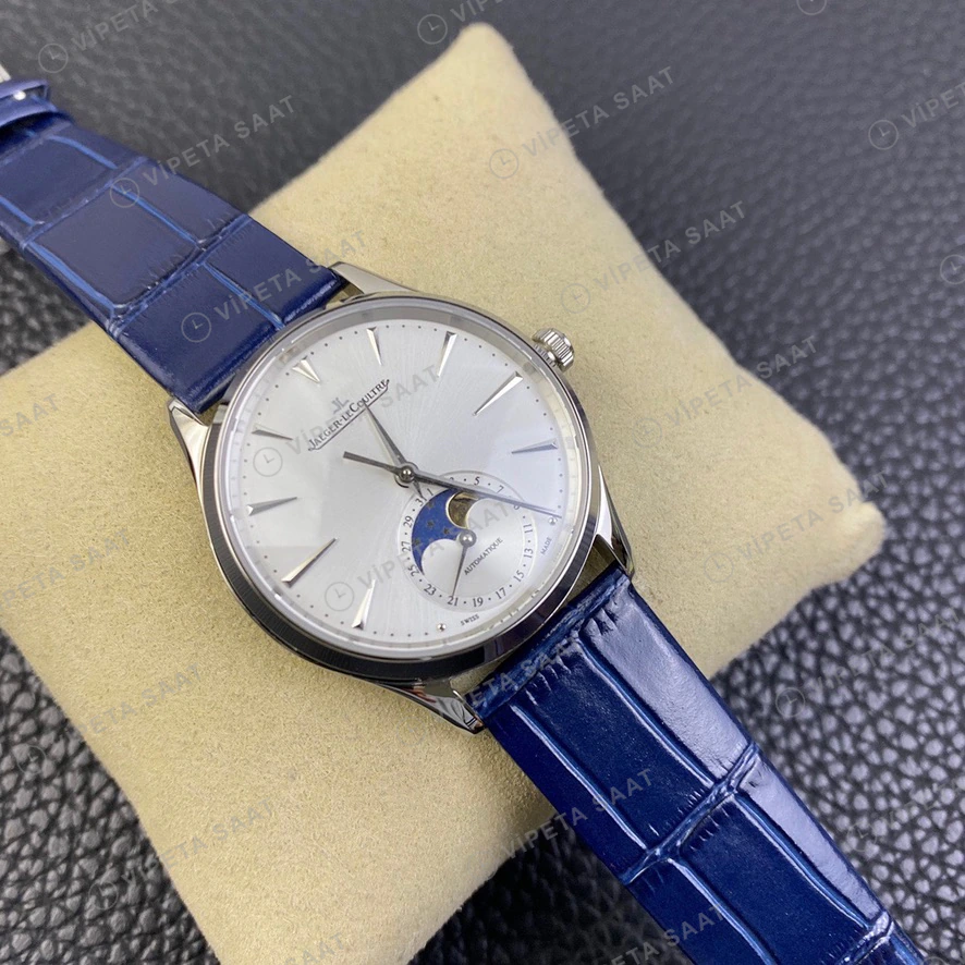 Jaeger-LeCoultre Master Ultra Thin Moon Gumus Kadran Mavi Deri Super Clone Eta Eta Saat detay 8