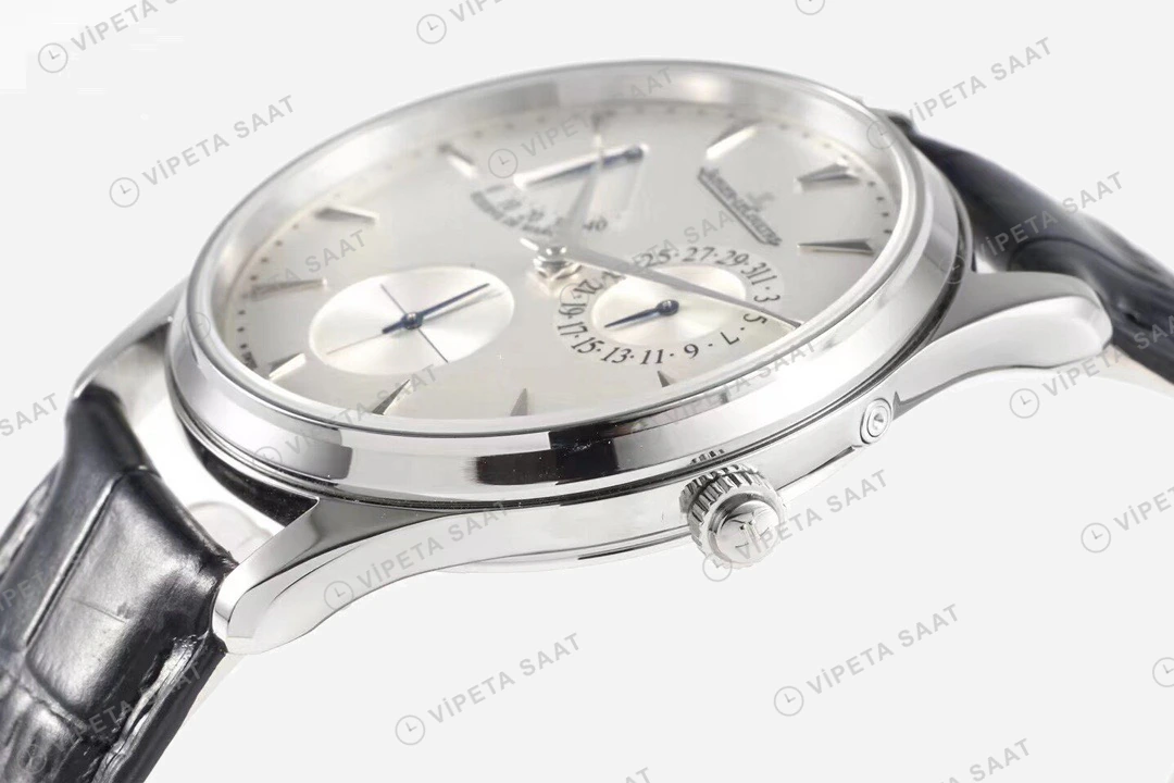 Jaeger-LeCoultre Master Ultra Thin Reserve de Marche Celik Gumus Kadran Siyah Deri Kordon Super Clone Eta Eta Saat detay 5