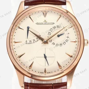 Jaeger-LeCoultre Master Ultra Thin Reserve de Marche Rose Kasa Sampanya Kadran Kahverengi Deri Kordon Super Clone Eta Eta Saat karşıdan görünüm