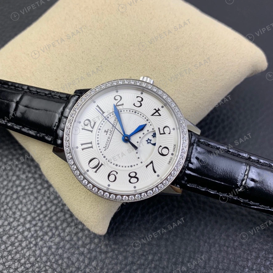 Jaeger-LeCoultre Rendez-Vous Beyaz Kadran Baget Bezel Siyah Deri Kordon Super Clone Eta Eta Saat detay 5