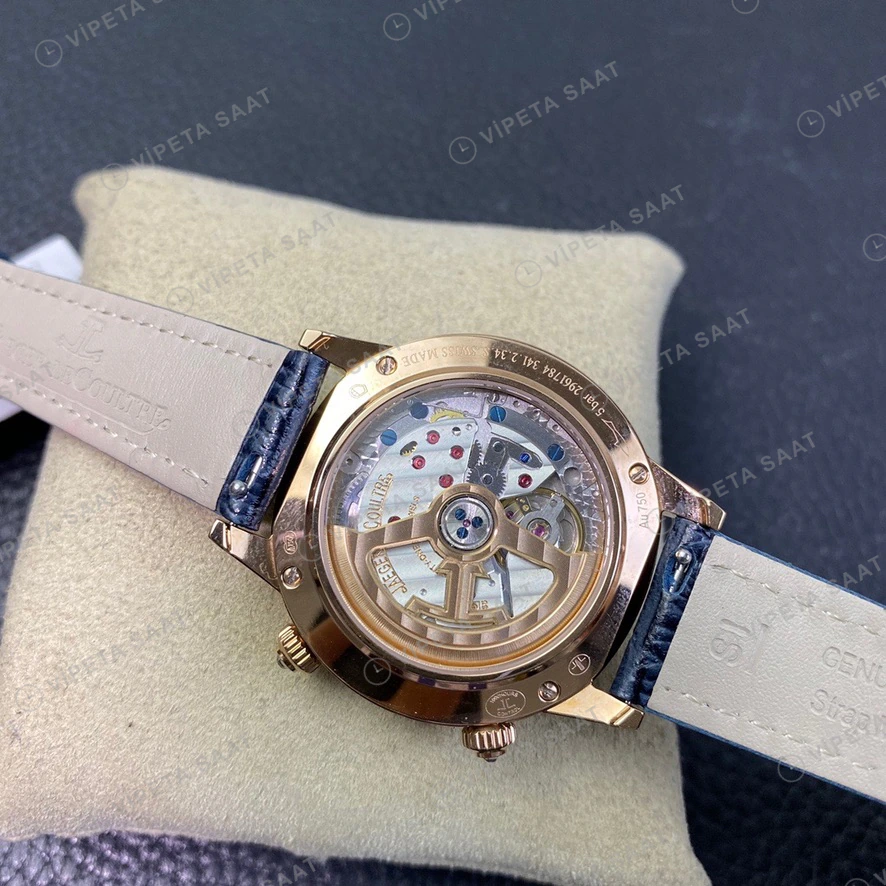 Jaeger-LeCoultre Rendez-Vous Moon Mavi Kadran Baget Bezel Rose Kasa Mavi Deri Kordon Super Clone Eta Eta Saat detay 7