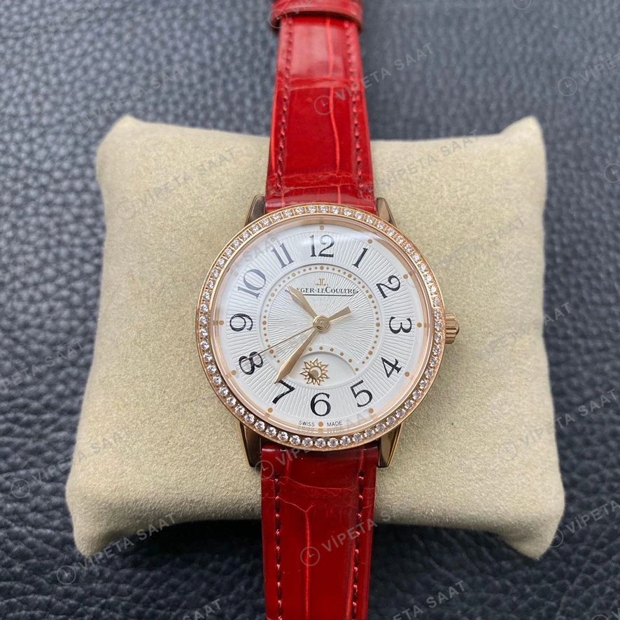 Jaeger-LeCoultre Rendez-Vous Night Day Rose Altin Kasa Baget Bezel Gumus Kadran Kirmizi Deri Kordon Super Clone Eta Eta Saat yan görünüm