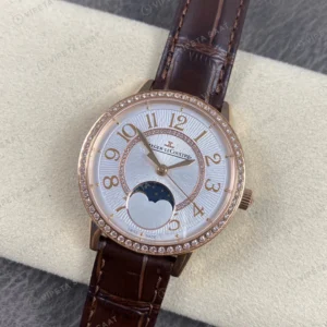 Jaeger-LeCoultre Rendez-Vous Rose Kasa Baget Bezel Beyaz Kadran Kahverengi Deri Kordon Super Clone Eta Saat görünüm 1