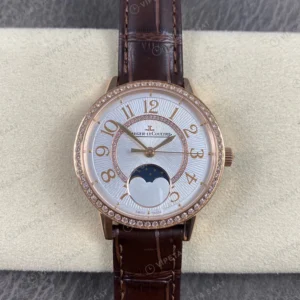 Jaeger-LeCoultre Rendez-Vous Rose Kasa Baget Bezel Beyaz Kadran Kahverengi Deri Kordon Super Clone Eta Saat görünüm 2