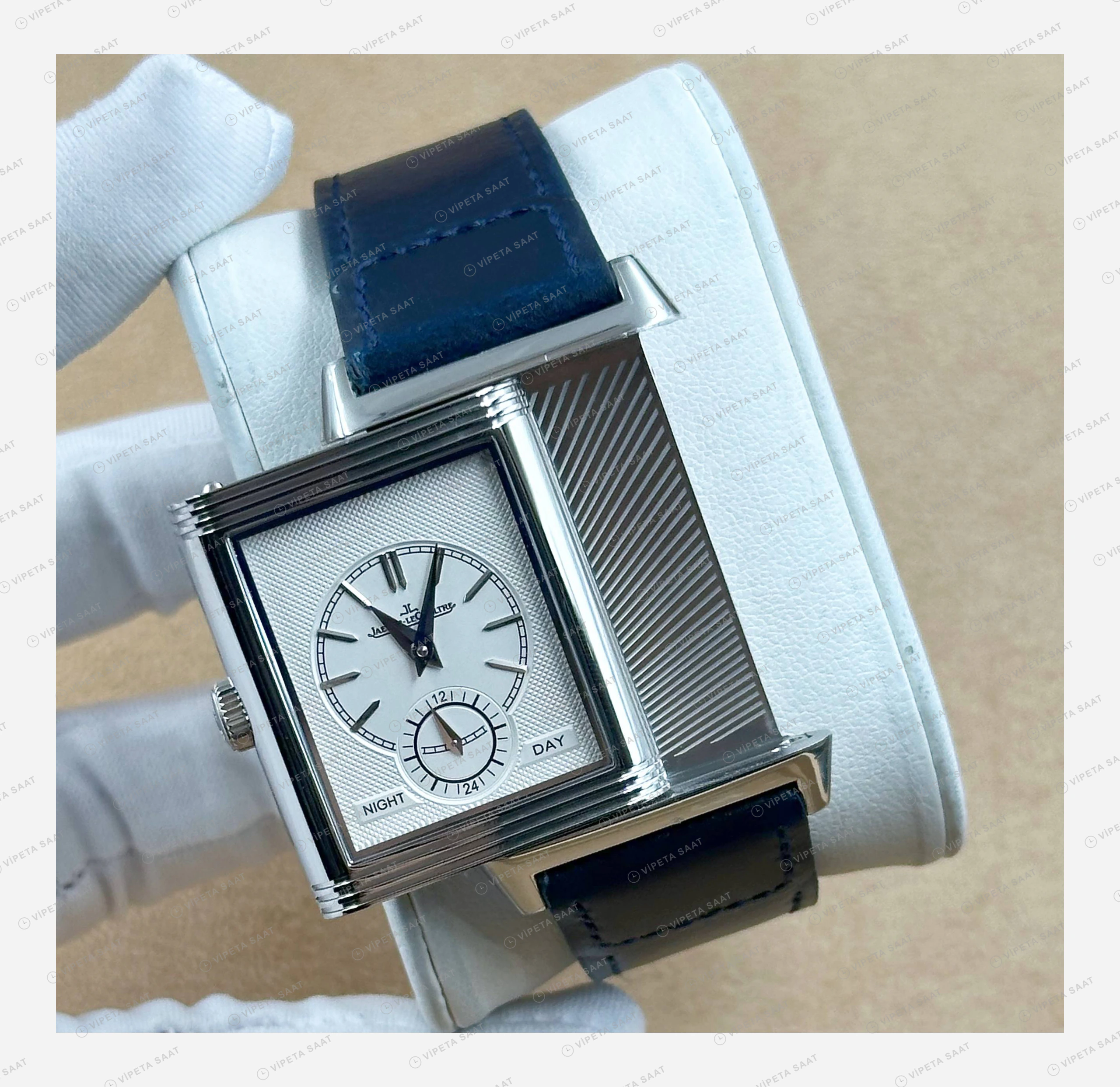 Jaeger LeCoultre Reverso Mavi Kadran Deri Parlak Super Clone ETA Eta Saat karşıdan görünüm