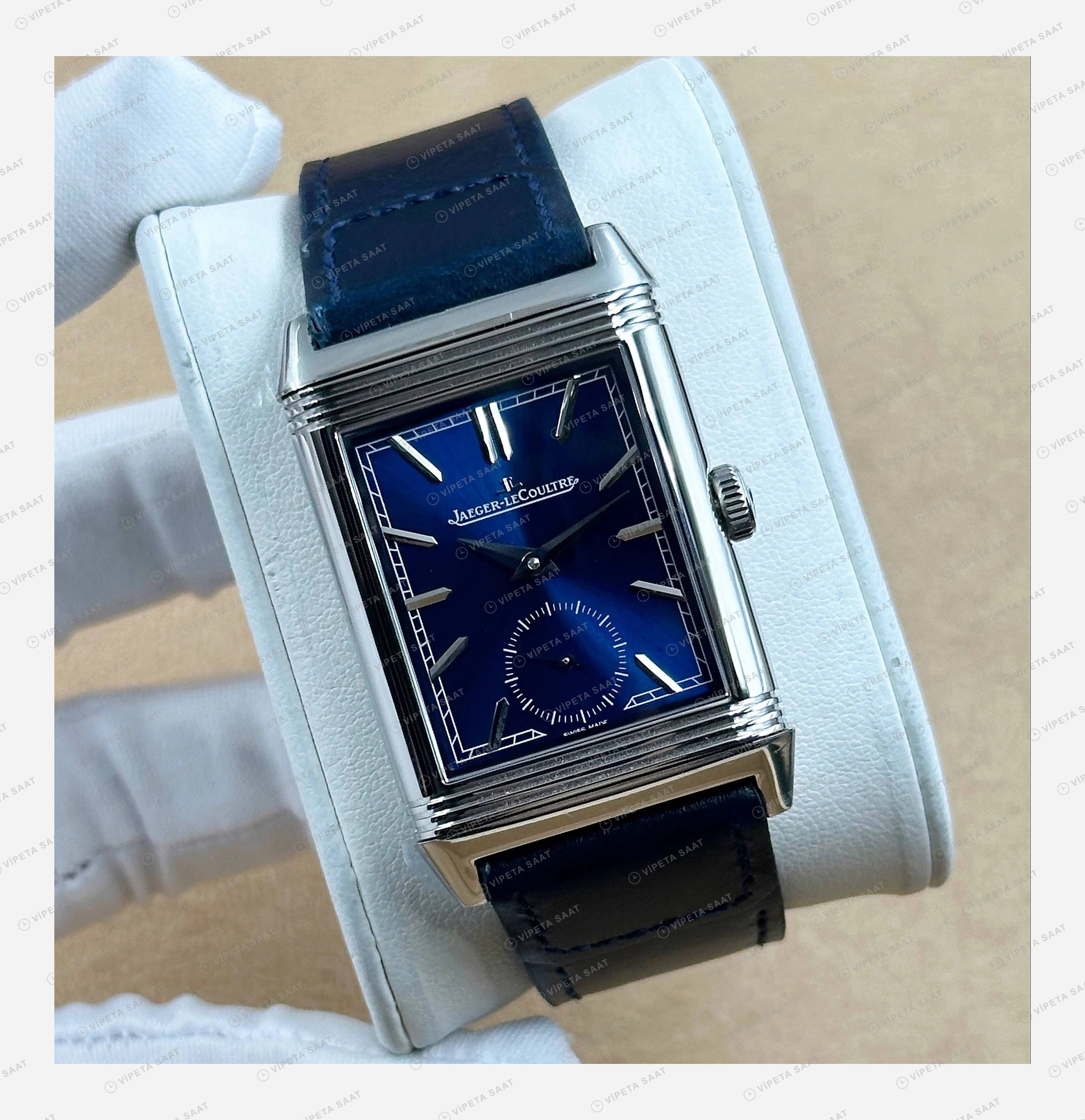 Jaeger LeCoultre Reverso Mavi Kadran Deri Parlak Super Clone ETA Eta Saat detay 6