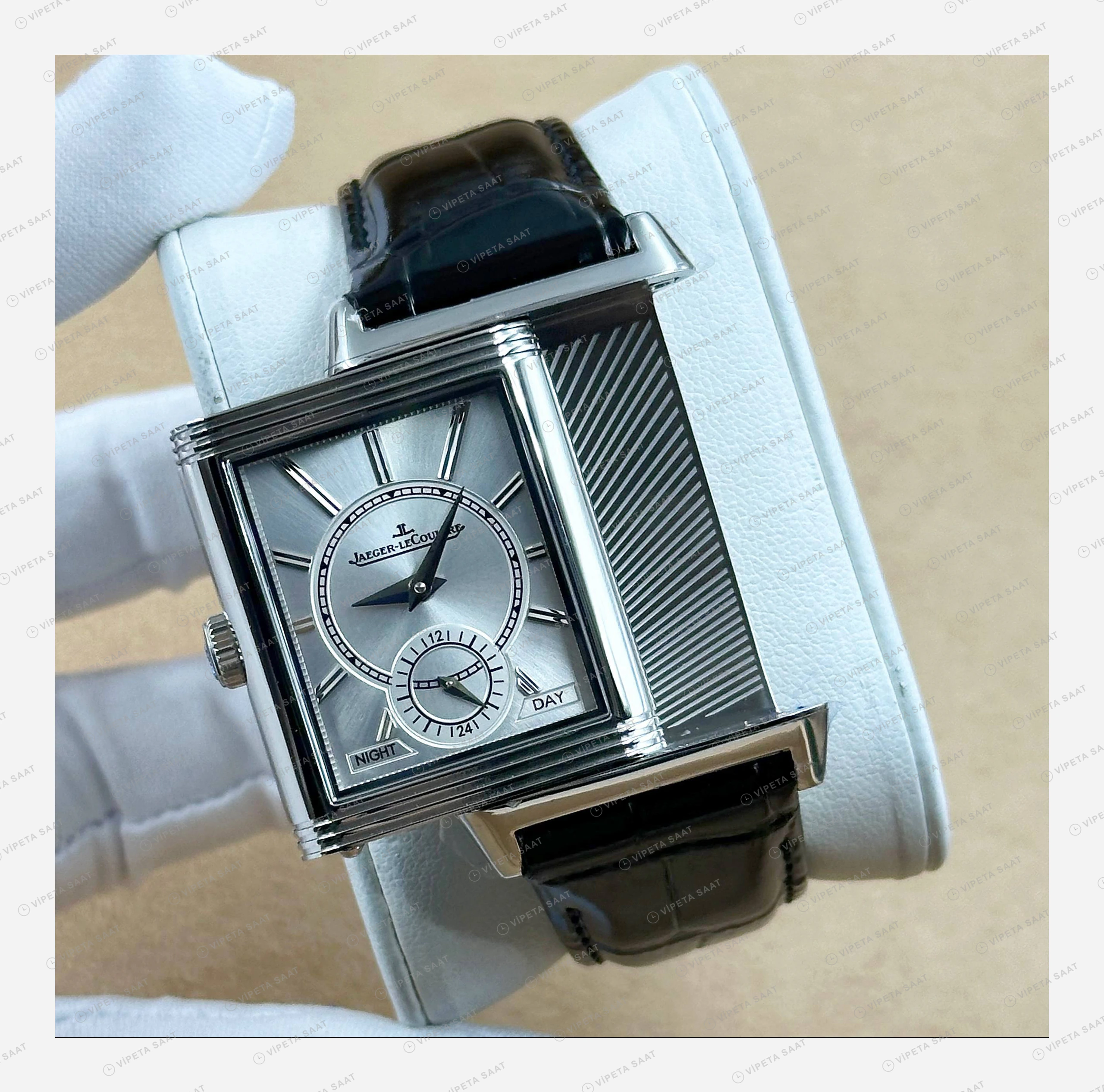 Jaeger LeCoultre Reverso Mavi Kadran Deri Super Clone ETA Eta Saat detay 7