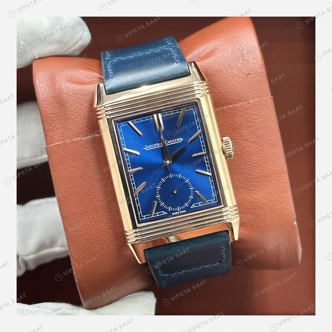 Jaeger LeCoultre Reverso Rose Mavi Kadran Deri Super Clone ETA Eta Saat detay 6