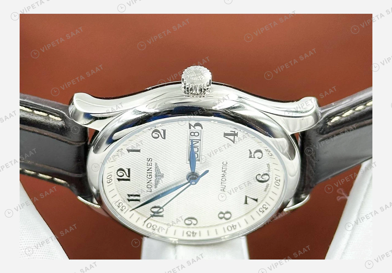 Longines Master Collection Beyaz Arabik Ay Evreli Deri Gündüz Super Clone ETA Eta Saat detay 3