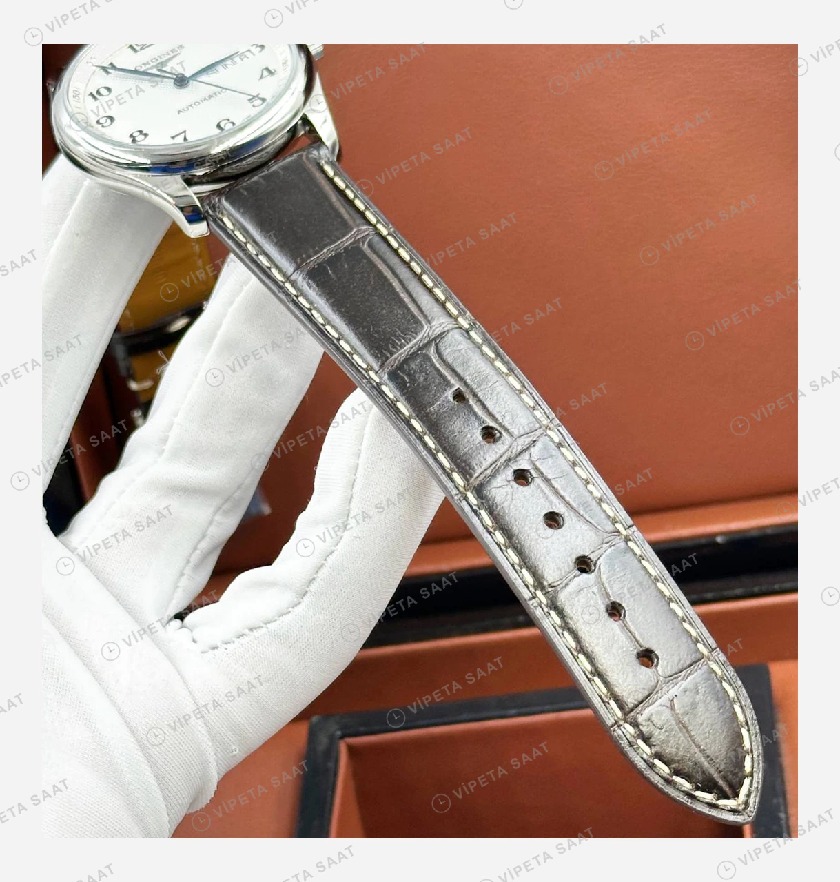 Longines Master Collection Beyaz Arabik Ay Evreli Deri Gündüz Super Clone ETA Eta Saat detay 5