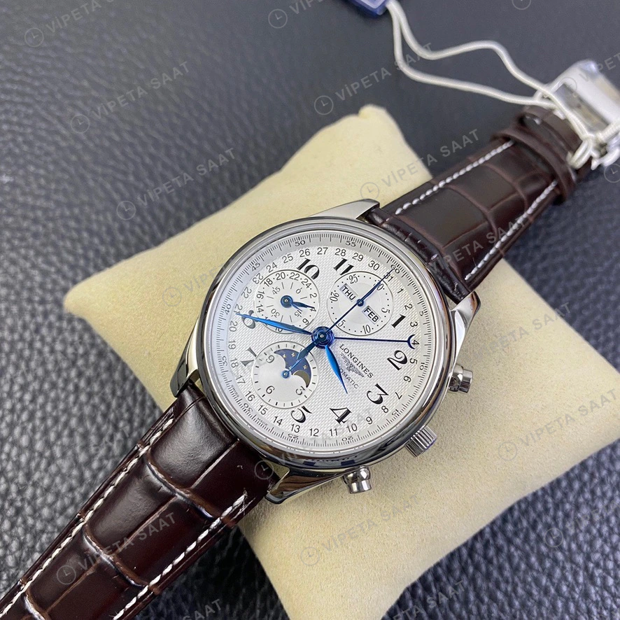 Longines Master Collection Beyaz Kadran Kahverengi Deri Super Clone Eta Saat görünüm 5
