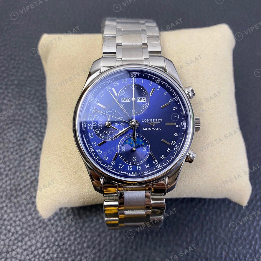 Longines Master Collection Mavi Kadran Moonphase Kronograf Celik Kordon Super Clone Eta Eta Saat detay 4