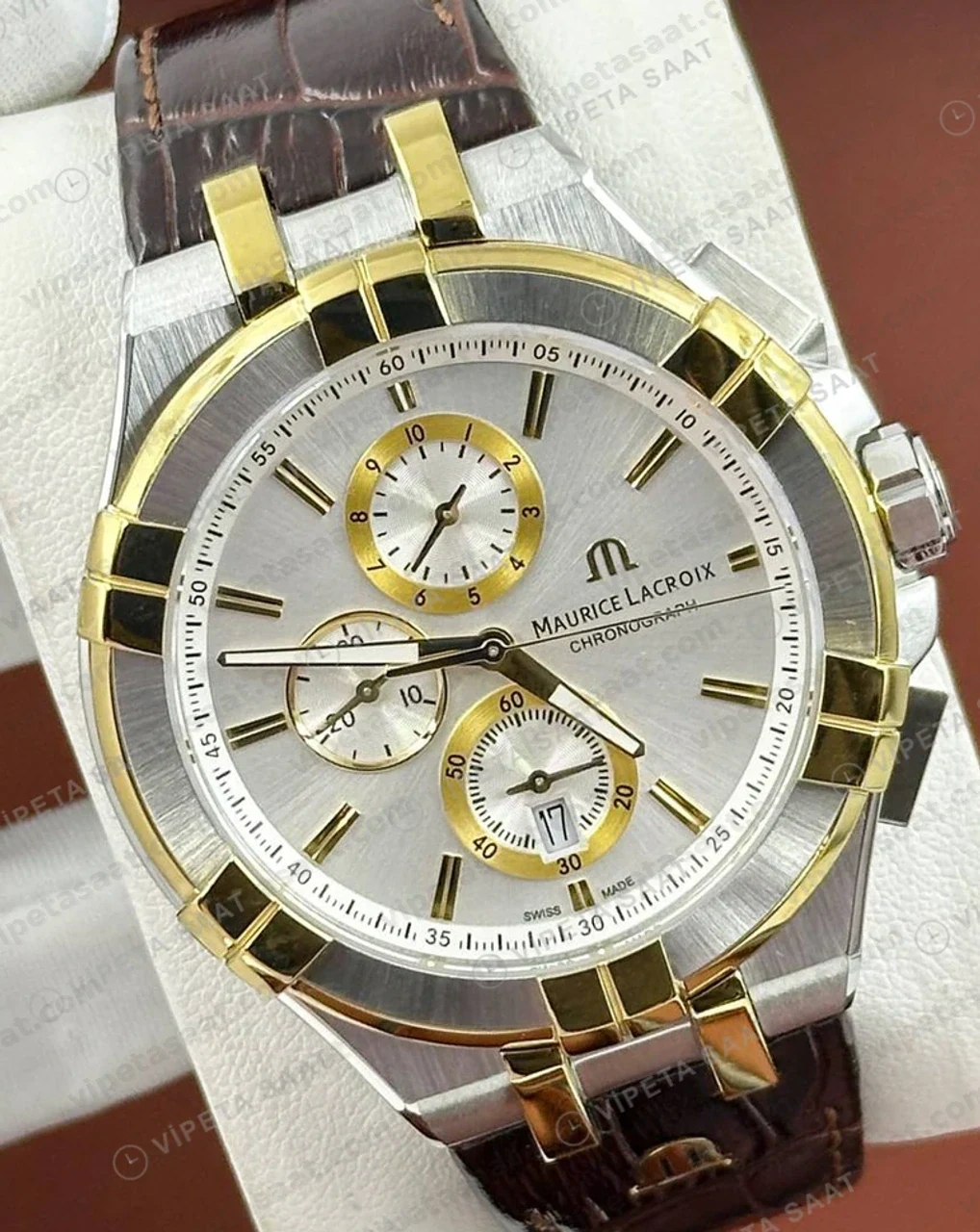 Maurice Lacroix Aikon Gümüş Altın Kronograf Deri Super Clone ETA Saat detay 4