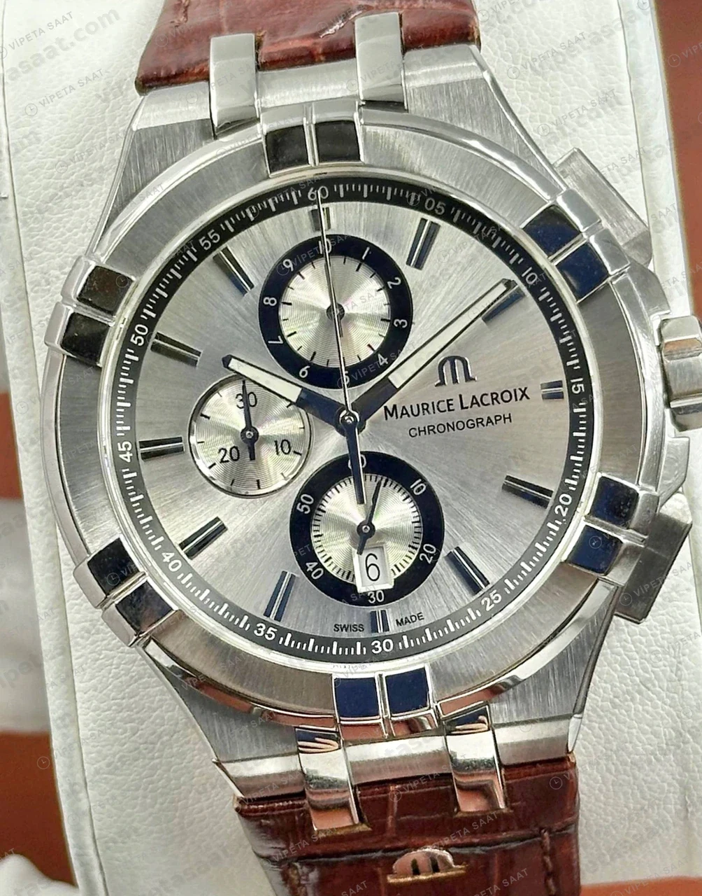 Maurice Lacroix Aikon Gümüş Kronograf Deri Parlak Super Clone ETA Saat detay 5