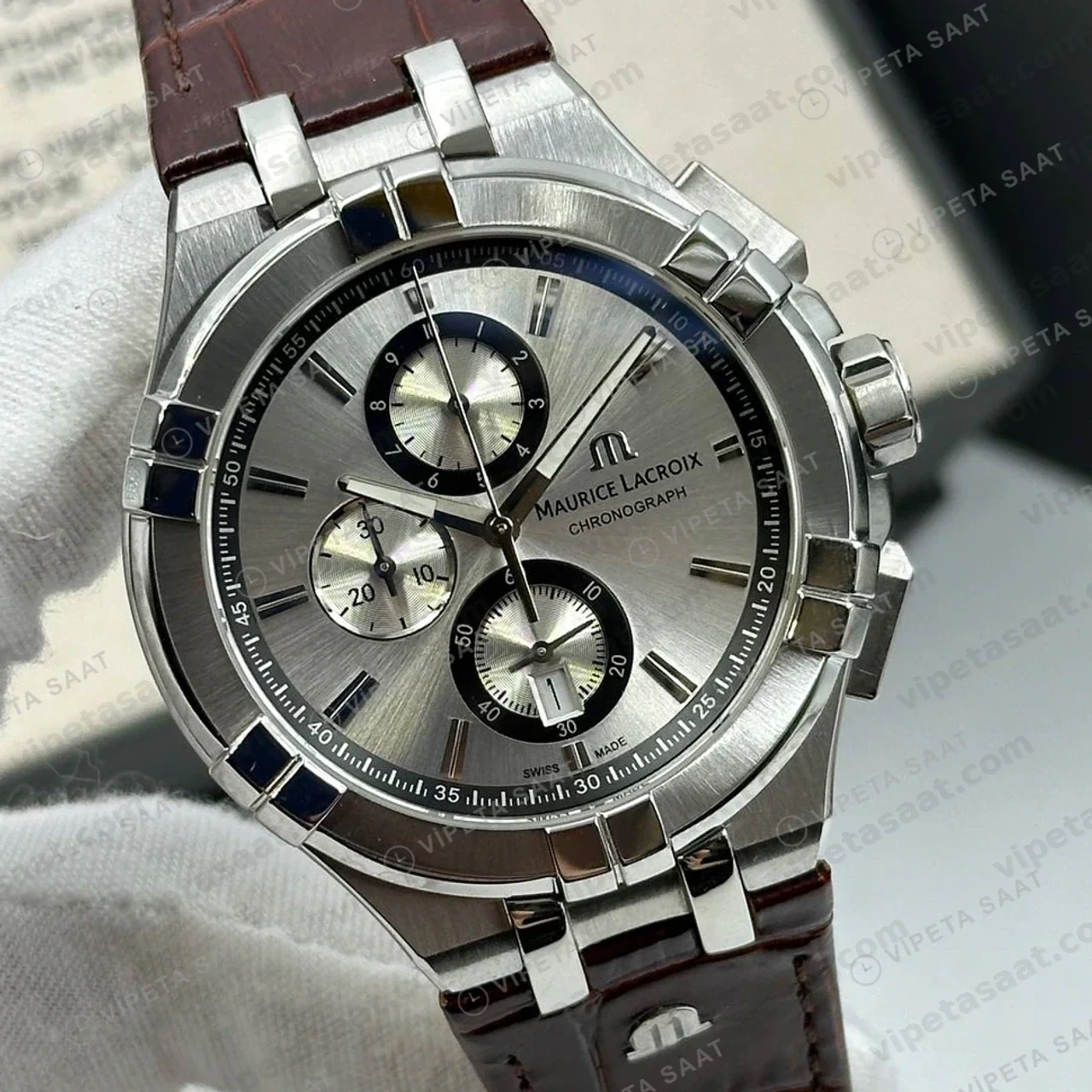 Maurice Lacroix Aikon Gümüş Kronograf Kahve Deri Super Clone ETA Saat detay 4