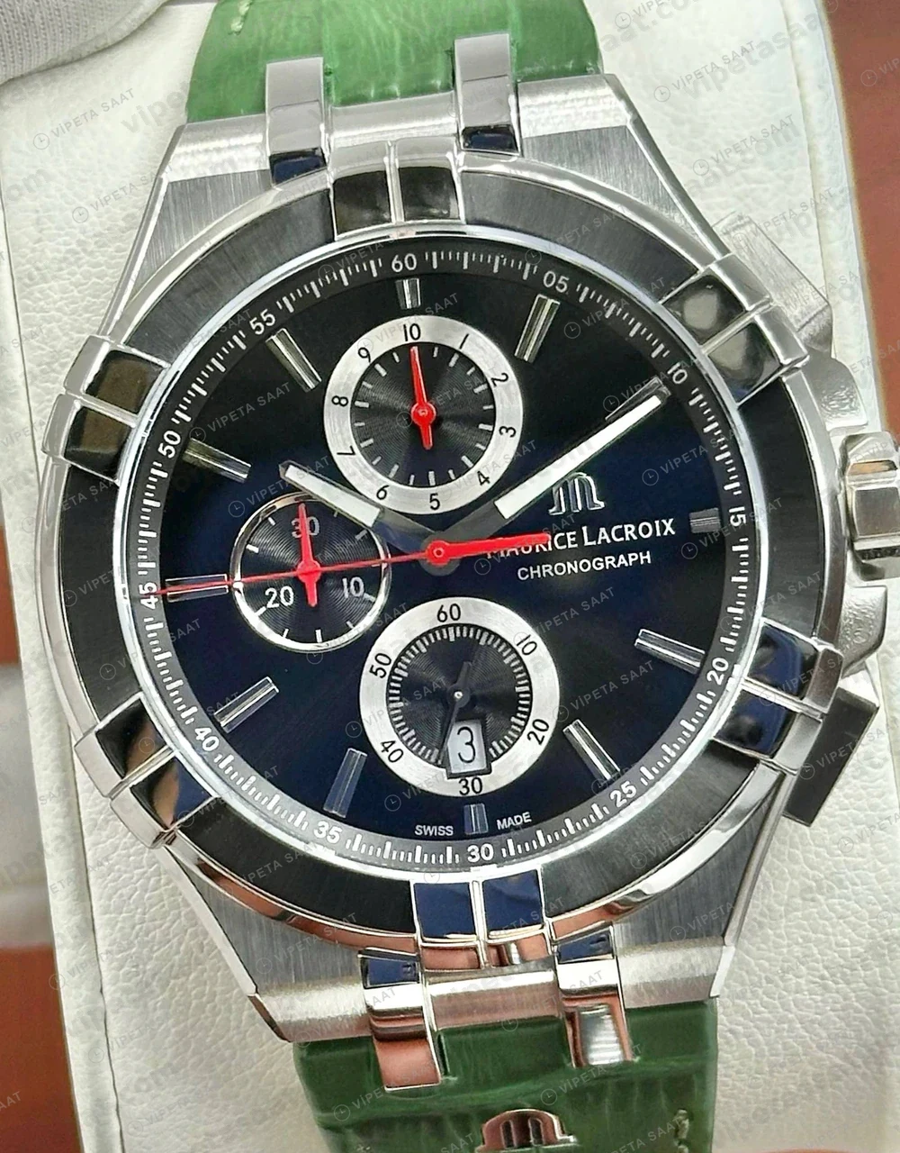 Maurice Lacroix Aikon Gümüş Kronograf Yeşil Kauçuk Super Clone ETA Saat detay 4