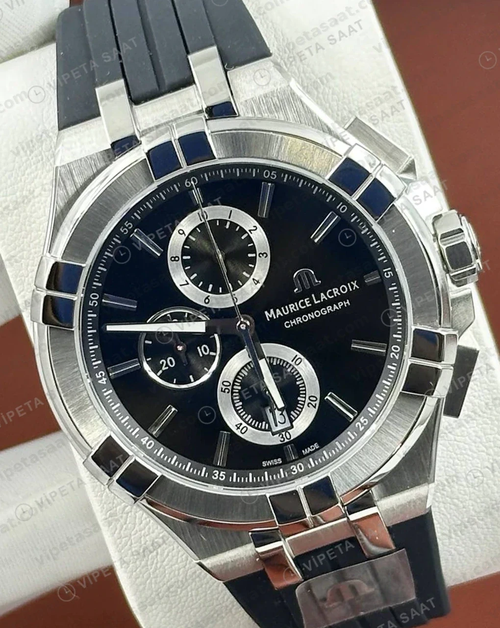 Maurice Lacroix Aikon Mavi Kronograf Gri Kauçuk Super Clone ETA Saat detay 5