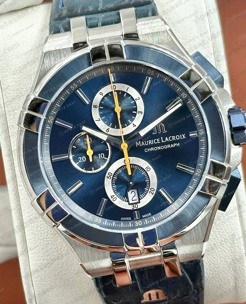 Maurice Lacroix Aikon Mavi Kronograf Kauçuk Parlak Super Clone ETA Saat detay 5