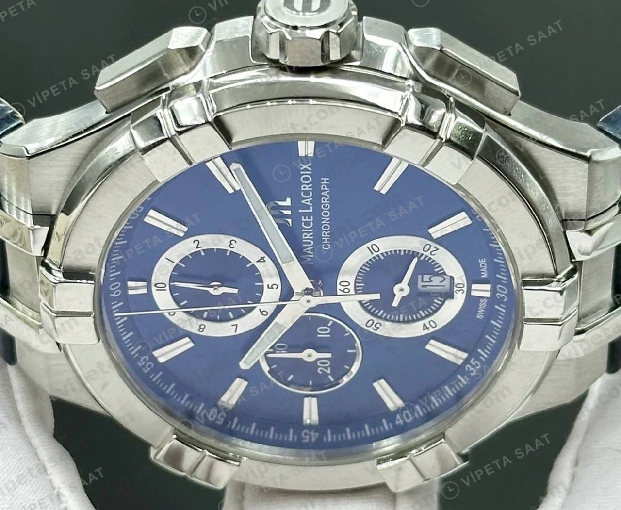Maurice Lacroix Aikon Mavi Kronograf Kauçuk Super Clone ETA Saat detay 3