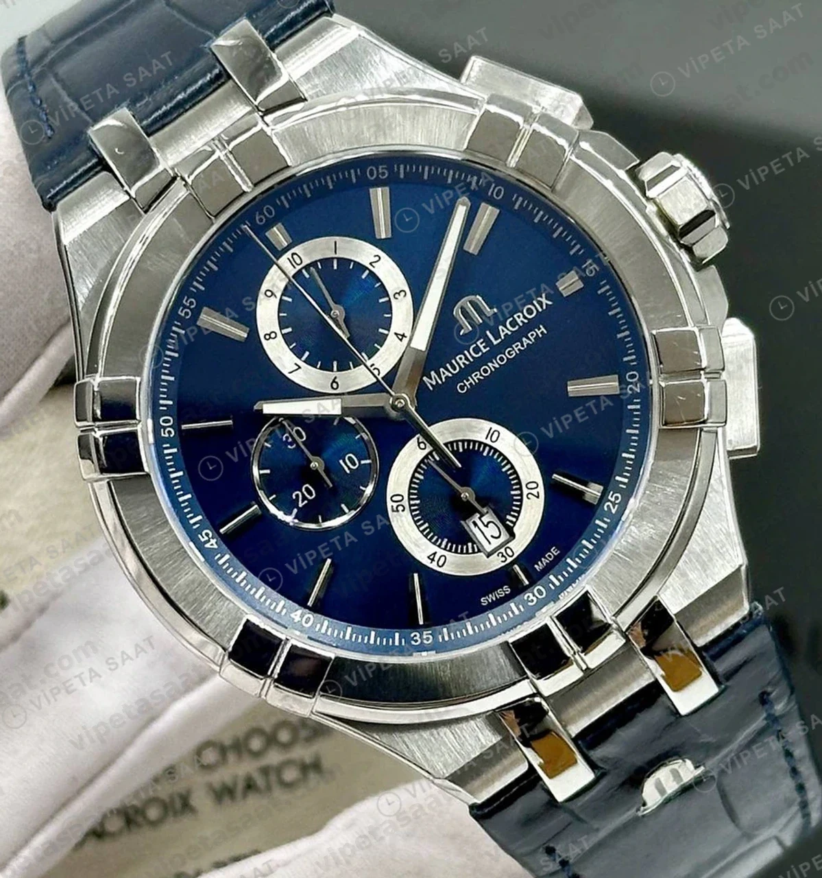 Maurice Lacroix Aikon Mavi Kronograf Kauçuk Super Clone ETA Saat detay 6