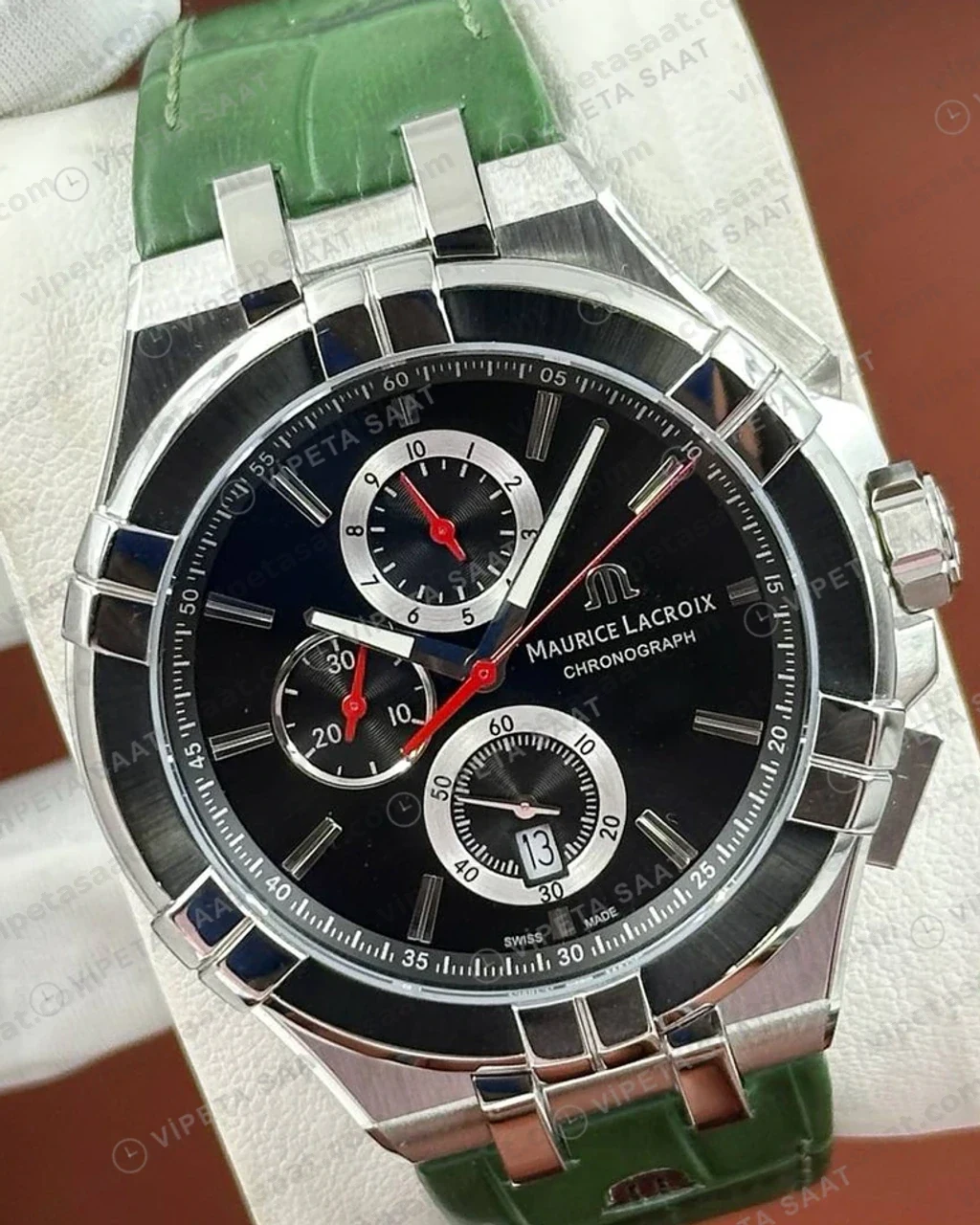 Maurice Lacroix Aikon Mavi Kronograf Yeşil Kauçuk Super Clone ETA Saat detay 6