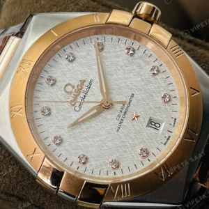 Omega Constellation Beyaz Baget Kadran Rose Celik Kasa Kahverengi Deri Super Clone Eta Saat görünüm 1