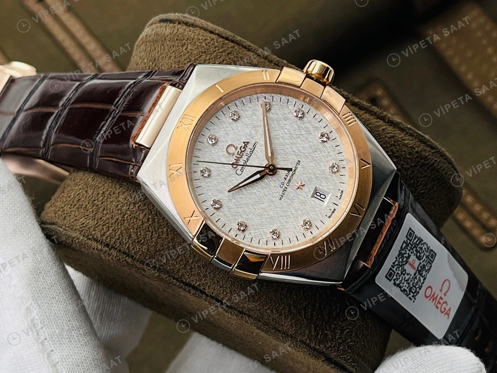Omega Constellation Beyaz Baget Kadran Rose Celik Kasa Kahverengi Deri Super Clone Eta Eta Saat detay 4