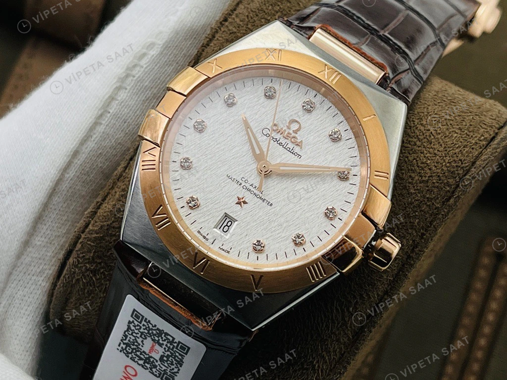 Omega Constellation Beyaz Baget Kadran Rose Celik Kasa Kahverengi Deri Super Clone Eta Eta Saat detay 5
