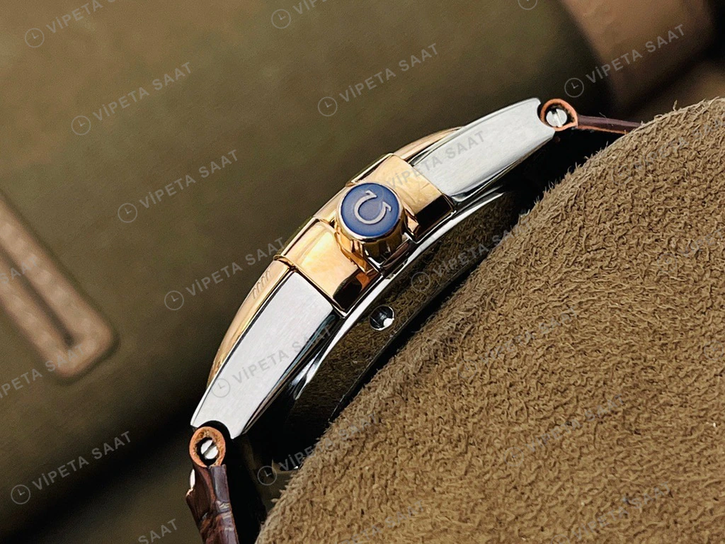 Omega Constellation Beyaz Baget Kadran Rose Celik Kasa Kahverengi Deri Super Clone Eta Eta Saat detay 6