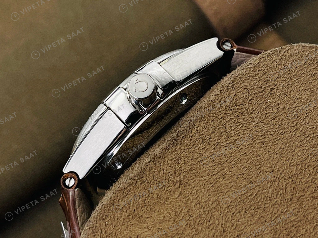 Omega Constellation Beyaz Kadran Celik Kasa Kahverengi Deri Super Clone Eta Eta Saat detay 5