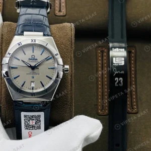 Omega Constellation Gumus Kadran Celik Kasa Mavi Deri Super Clone Eta Eta Saat karşıdan görünüm