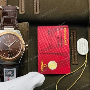 Omega Constellation Kahverengi Kadran Rose Celik Kasa Kahverengi Deri Super Clone Eta Eta Saat karşıdan görünüm