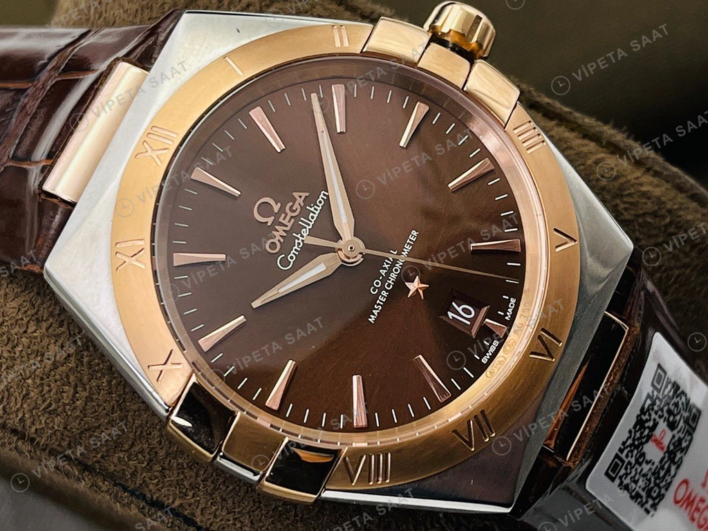 Omega Constellation Kahverengi Kadran Rose Celik Kasa Kahverengi Deri Super Clone Eta Eta Saat detay 4