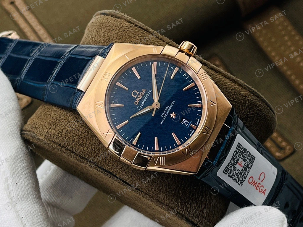 Omega Constellation Mavi Kadran Rose Kasa Mavi Deri Super Clone Eta Eta Saat detay 10