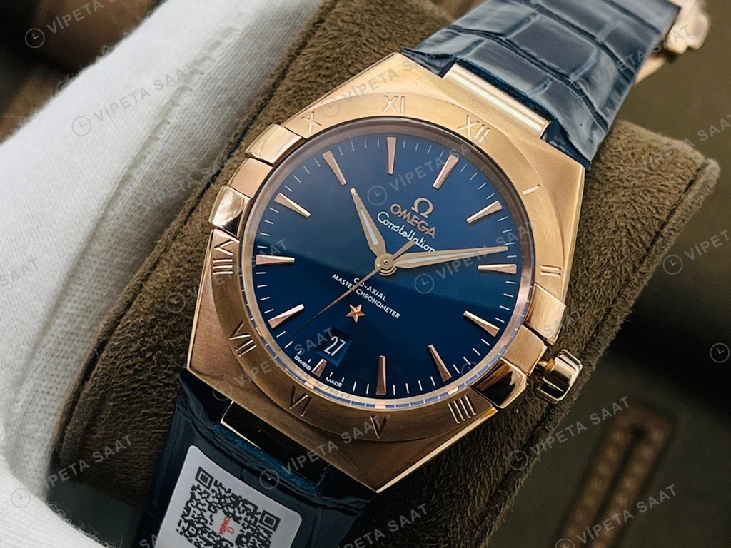 Omega Constellation Mavi Kadran Rose Kasa Mavi Deri Super Clone Eta Eta Saat detay 11