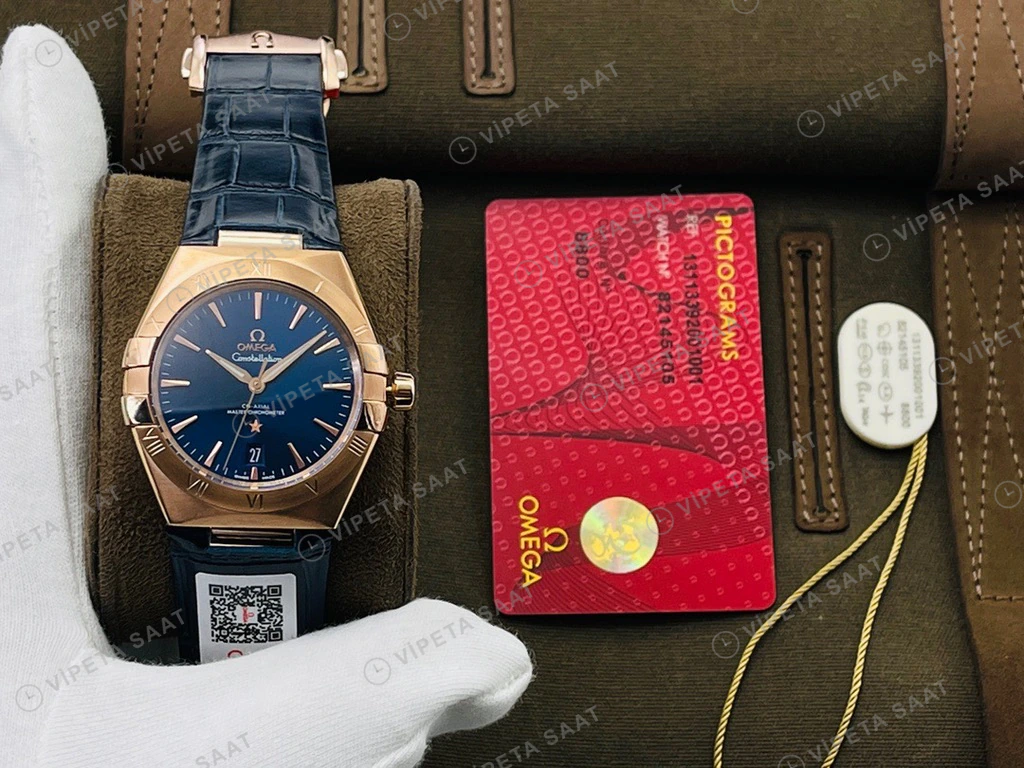 Omega Constellation Mavi Kadran Rose Kasa Mavi Deri Super Clone Eta Eta Saat detay 12