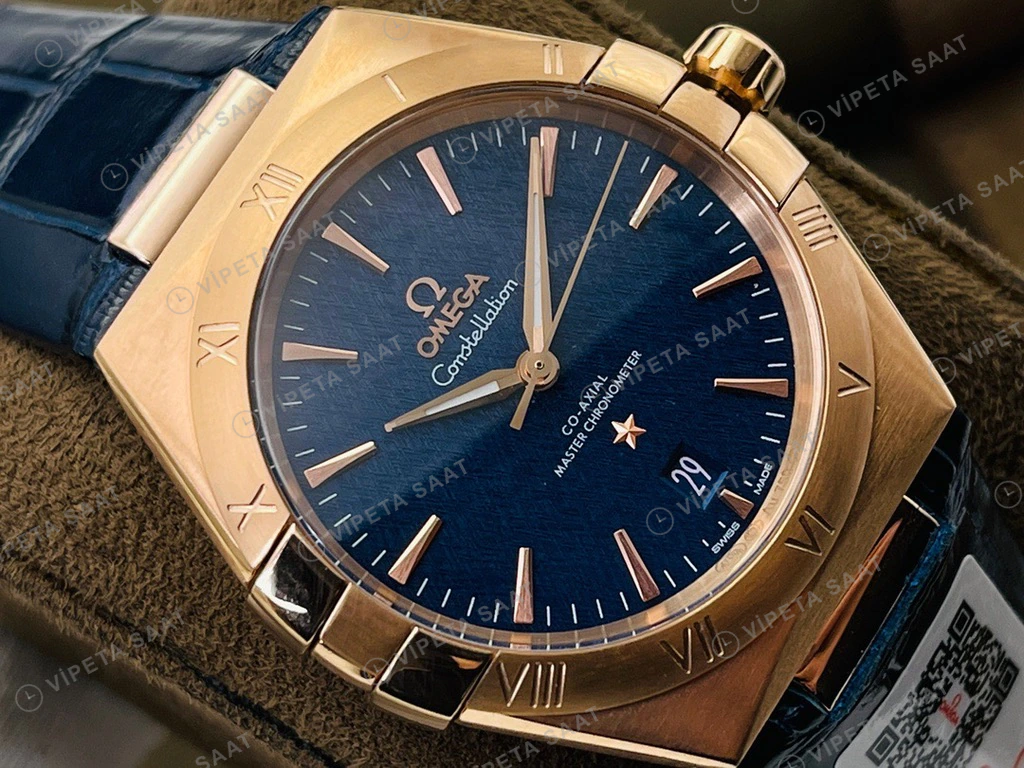 Omega Constellation Mavi Kadran Rose Kasa Mavi Deri Super Clone Eta Eta Saat detay 4