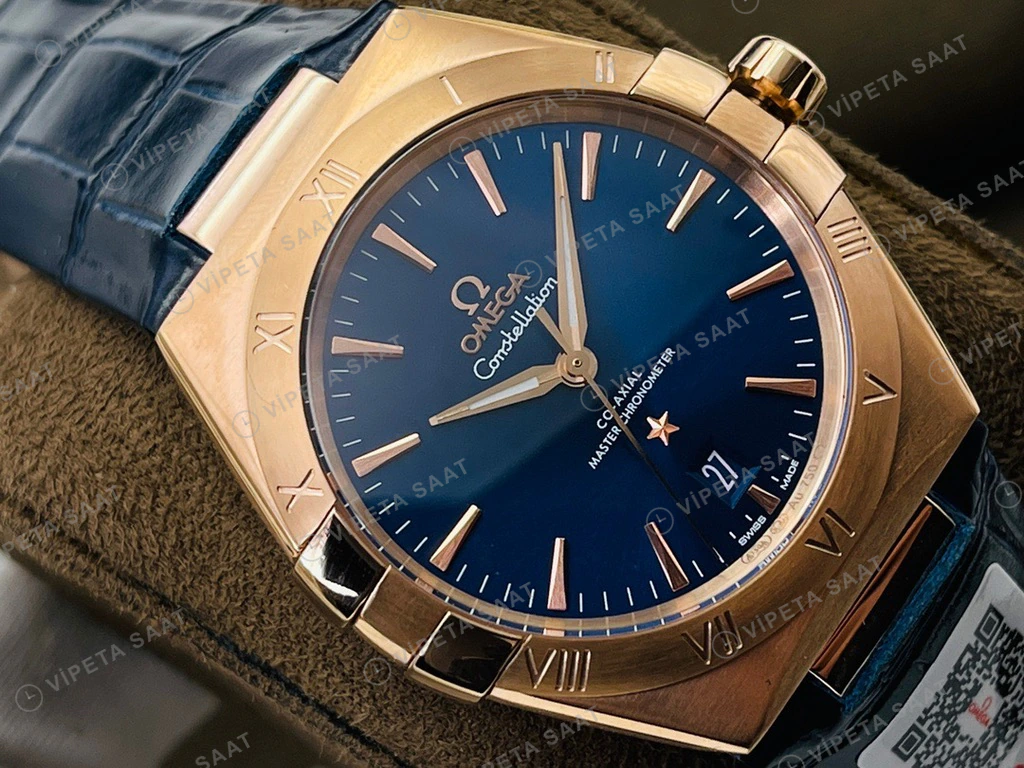 Omega Constellation Mavi Kadran Rose Kasa Mavi Deri Super Clone Eta Eta Saat detay 6