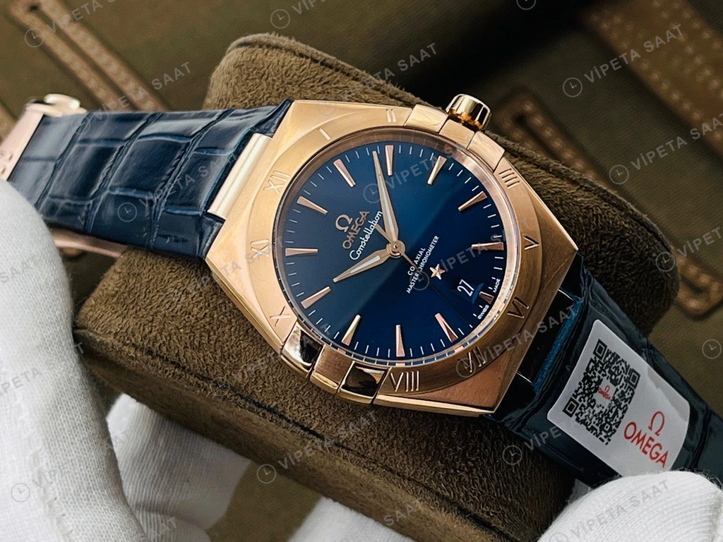 Omega Constellation Mavi Kadran Rose Kasa Mavi Deri Super Clone Eta Eta Saat detay 7