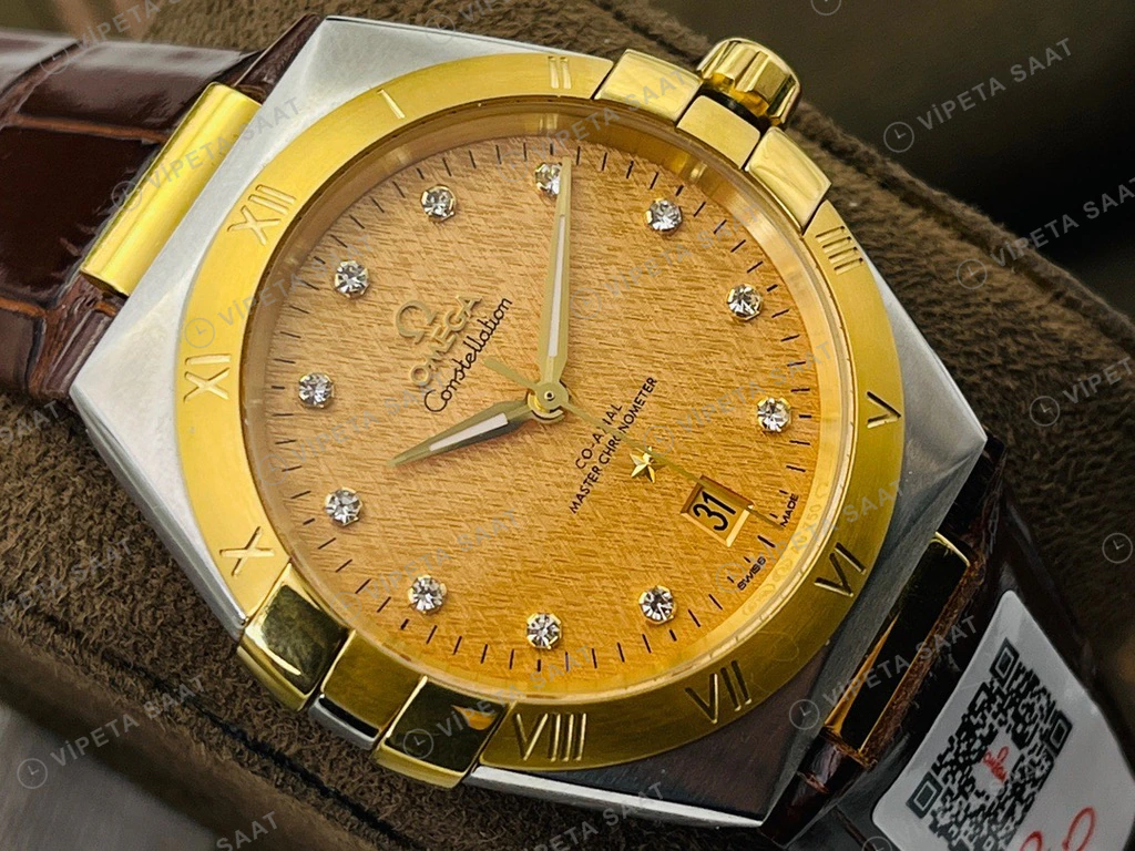 Omega Constellation Sampanya Baget Kadran Altin Celik Kasa Kahverengi Deri Super Clone Eta Eta Saat detay 6