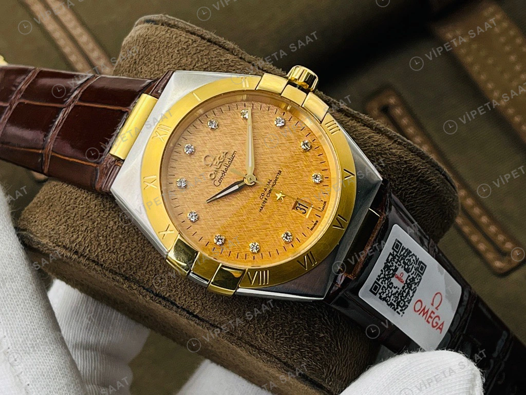 Omega Constellation Sampanya Baget Kadran Altin Celik Kasa Kahverengi Deri Super Clone Eta Eta Saat detay 7